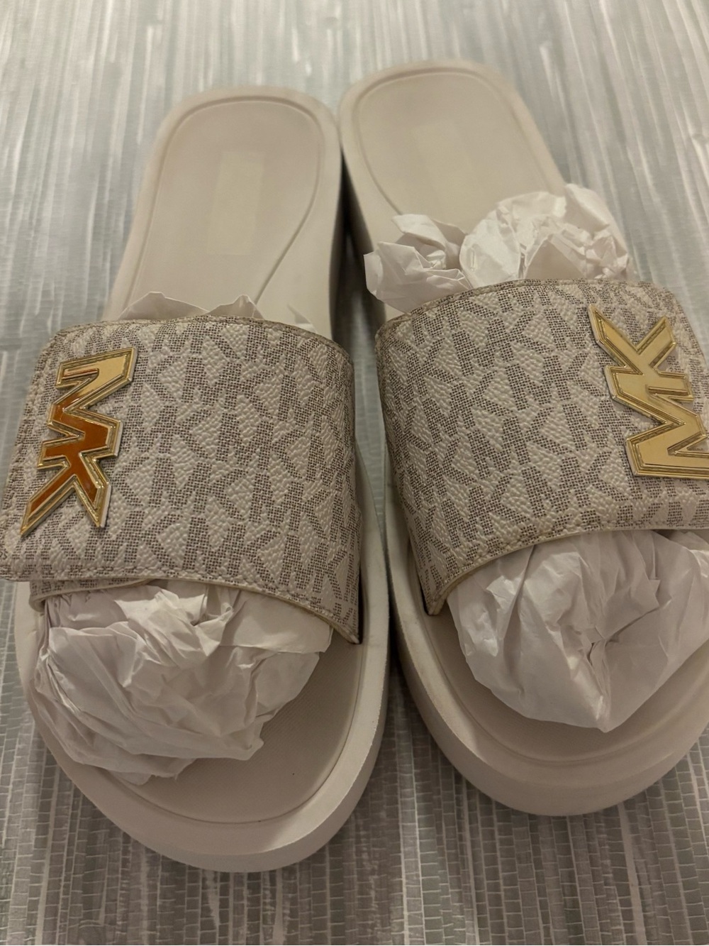 Michael Kors Cream Beige MK Monogram Slide Sandals with Gold Logo